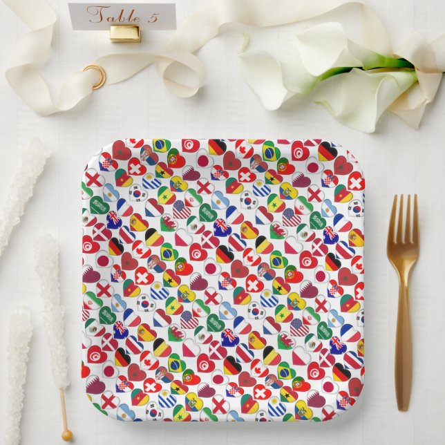 Qatar Tournament 2022 32 Hearts Country Flags Paper Plate (Wedding)