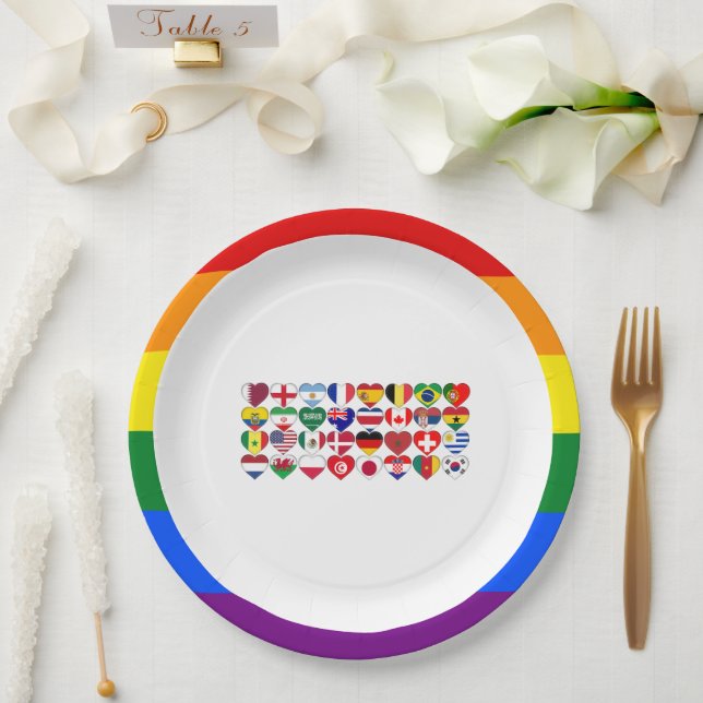 Qatar Tournament 2022 Country Flags LGBTQ Border Paper Plate (Wedding)