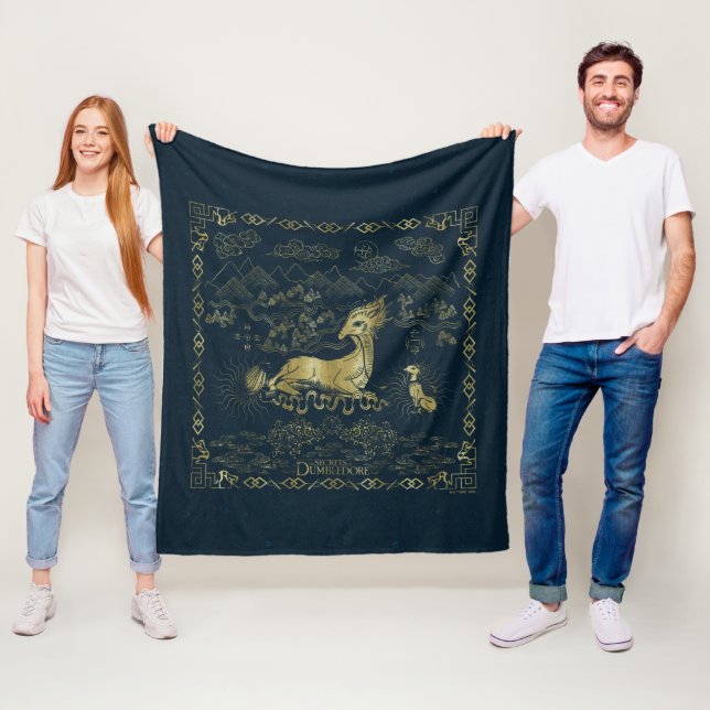 Qilin At Rest Golden Tapestry Fleece Blanket (In Situ)