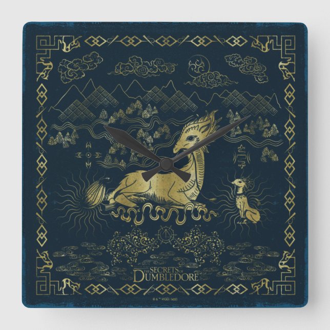 Qilin At Rest Golden Tapestry Square Wall Clock (Front)