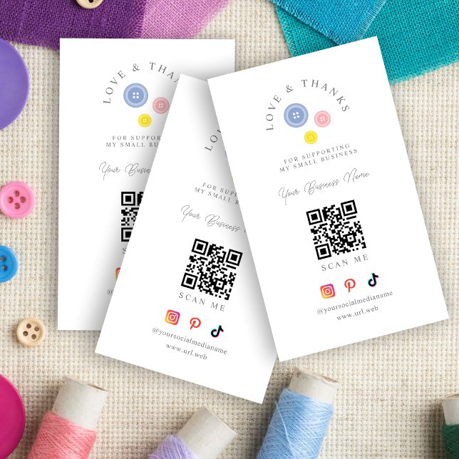 QR 3 Buttons Love & Thanks Support Small Business Business Card (Tarjeta De Visita QR 3 Buttons Love & Thanks Support Small Business.)