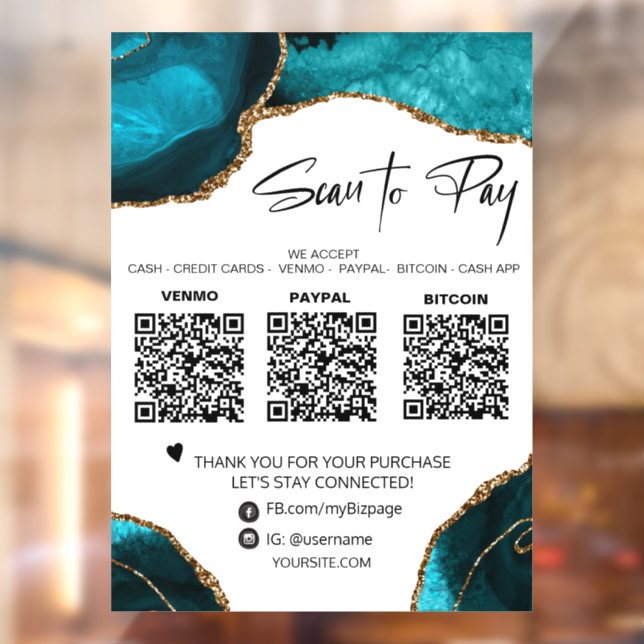 *~* QR 3 PAYMENT Teal AGATE GOLD Window Decal (Sheet 2)