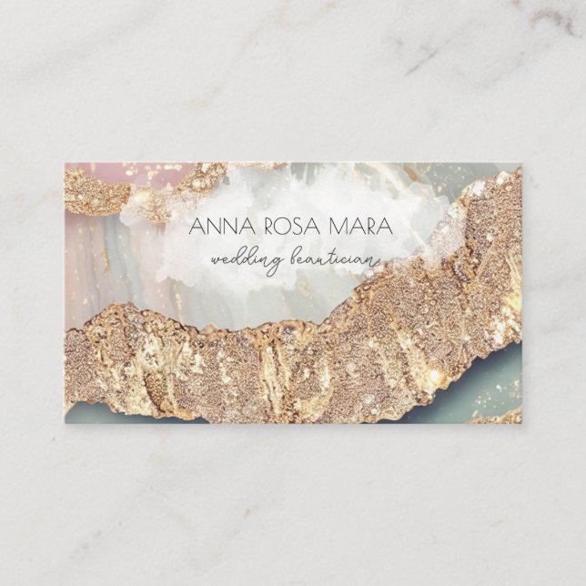 *~* QR Agate Aqua Gold Glitter Glam AP66 Luxe Business Card (Front)