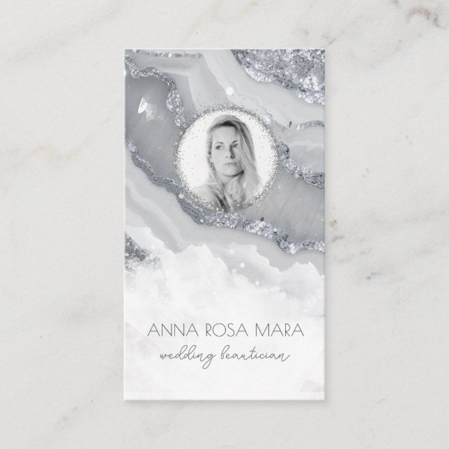 *~* QR Agate Marble PHOTO  LOGO SILVER AP66 Grey Business Card (Front)