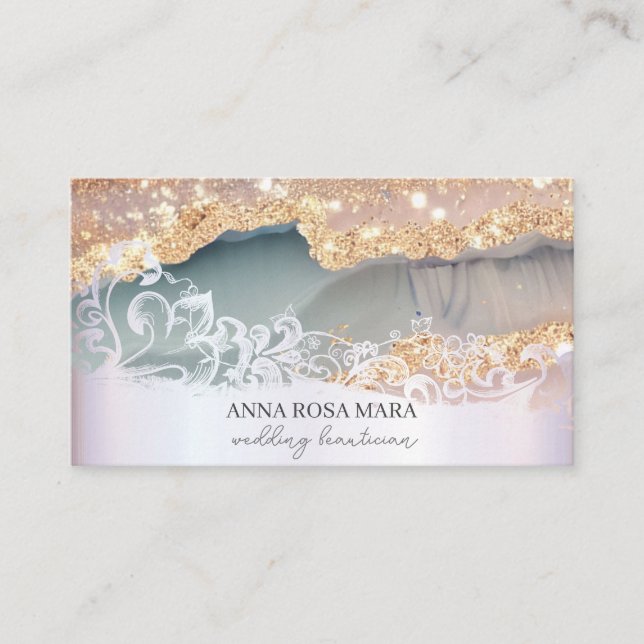 *~* QR Agate Ornate Scroll Gold Glitter AP66 Luxe Business Card (Front)