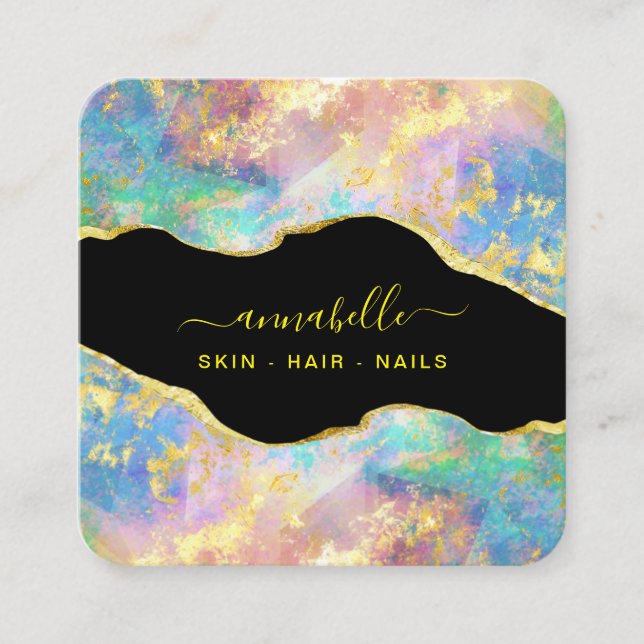 *~* QR - AP26 OPAL Rainbow Gold Glitter Ethereal  Square Business Card (Front)
