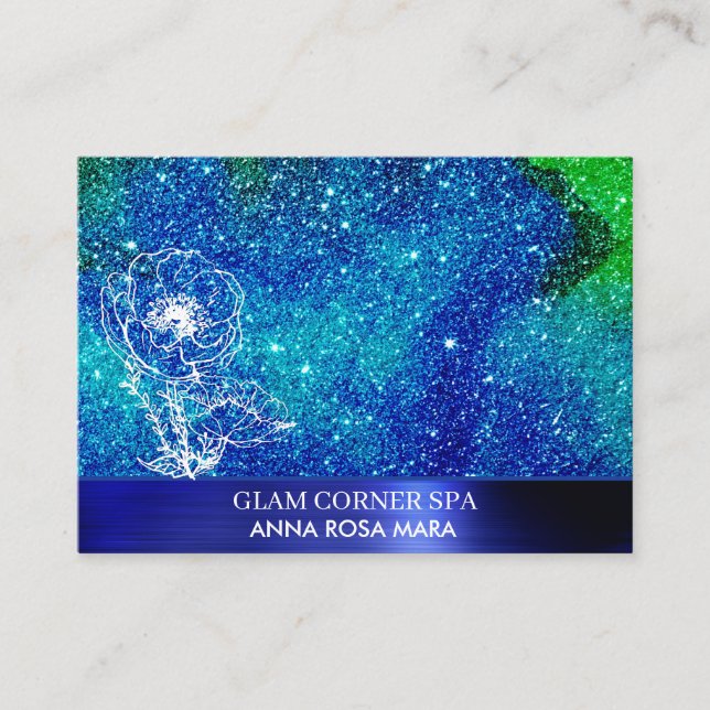 *~* QR Beauty Blue Green Glitter Brushed Metal Business Card (Front)