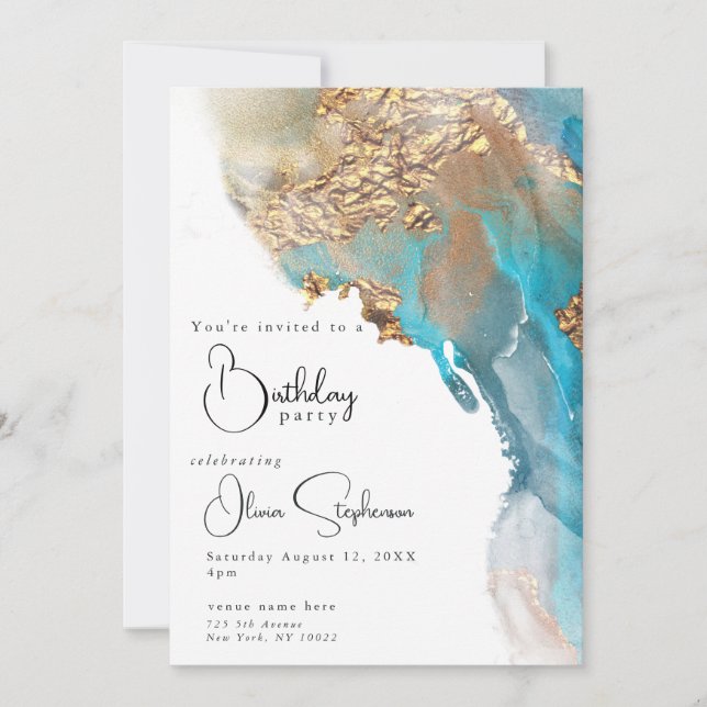QR Birthday Abstract Marbled Alcohol Ink  Invitation (Front)
