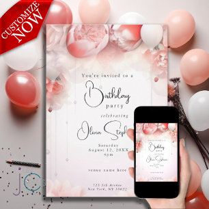 QR Birthday Coral Floral Peonies Invitation