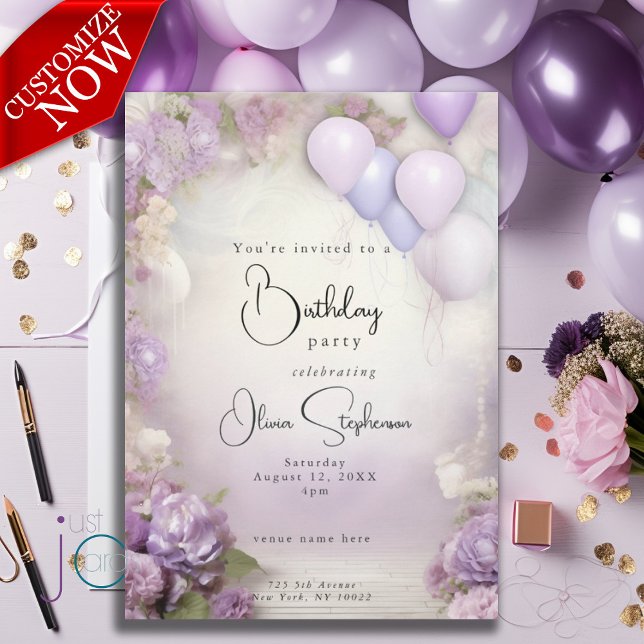 QR Birthday Lilac Floral and Balloons Invitation (text is easy to customize )