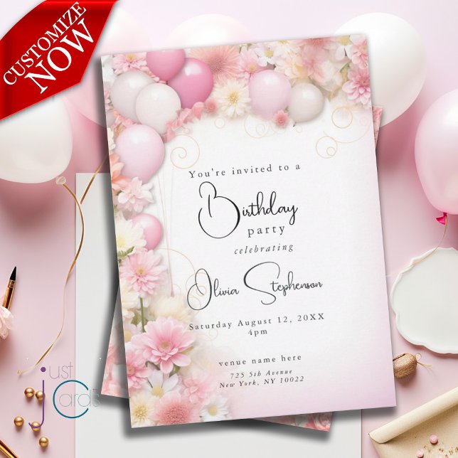QR Birthday Pink Balloons and Daisies Invitation (Text is easy to customize )