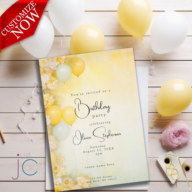 QR Birthday Vivid Lemon Yellow Floral Invitation (Text is easy to customize )