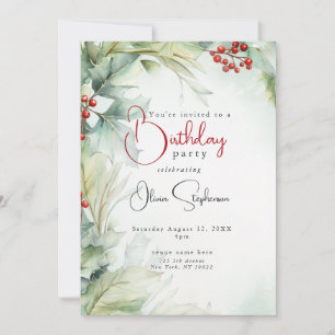 QR Birthday Winter Holly and Berries Invitation