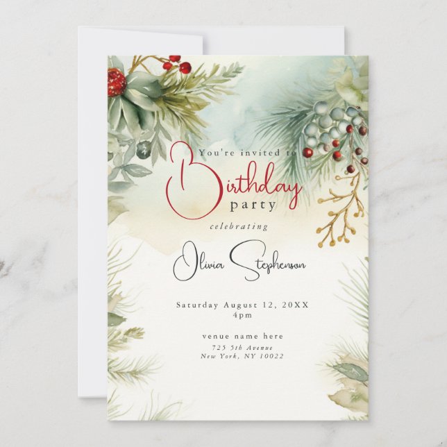 QR Birthday Winter Watercolor Botanical  Invitation (Front)