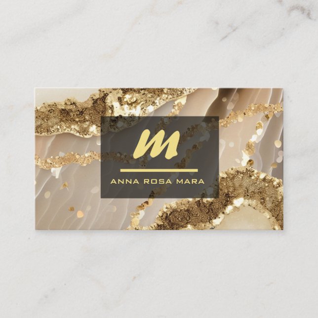 *~* QR Black AP66 Ivory Gold  Glitter Monogram Business Card (Front)