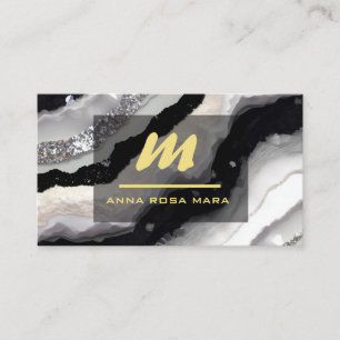 *~* QR Black AP66 White Gold Glitter Monogram Business Card