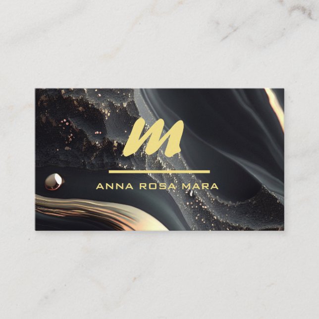 *~* QR Black Gold Marble Initial Monogram AP66 Business Card (Front)