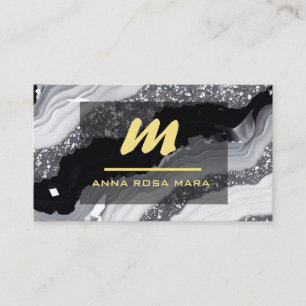 *~* QR Black White Gold Glitter Monogram AP66 Business Card