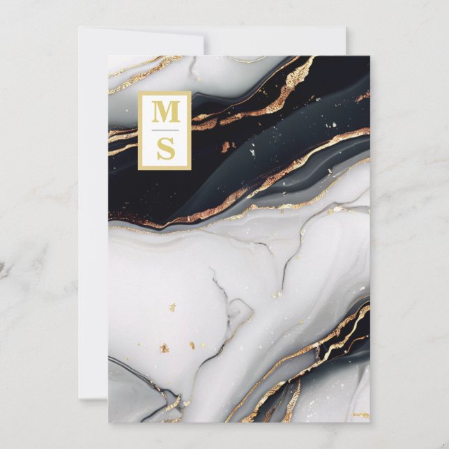 *~ QR BLACK WHITE Marble Agate AR66 RSVP Wedding Invitation (Front)