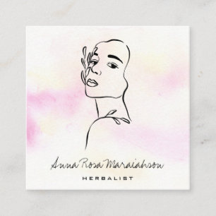 *~* QR Botanical  Woman Line Art Goddess Greenery Square Business Card