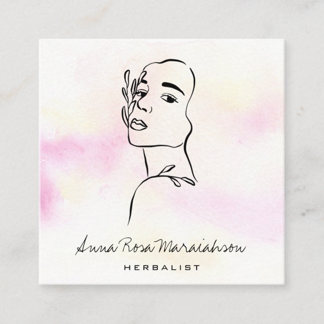 *~* QR Botanical  Woman Line Art Goddess Greenery Square Business Card (Front)