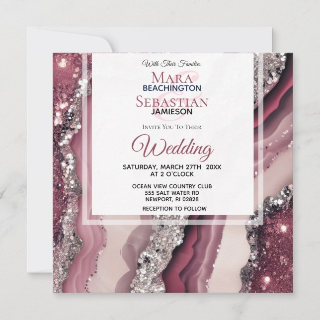 *~* QR BURGUNDY PINK Agate RSVP AR66 Wedding Invitation (Front)