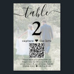 QR Code 2 Photo Any Text Capture the Love Wedding Table Number<br><div class="desc">Add a personalised finishing touch to wedding reception decorations with custom photo & QR Code table number cards. Pictures and all text are simple to customise, and can be different or the same on front and back. If preferred, change "capture the love" to "honeymoon fund, " "a special thanks, "...</div>