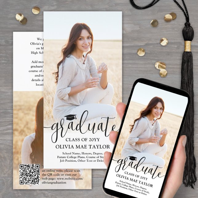 QR Code & 2 Photos Modern Black Script Graduation Announcement (Creator Uploaded)