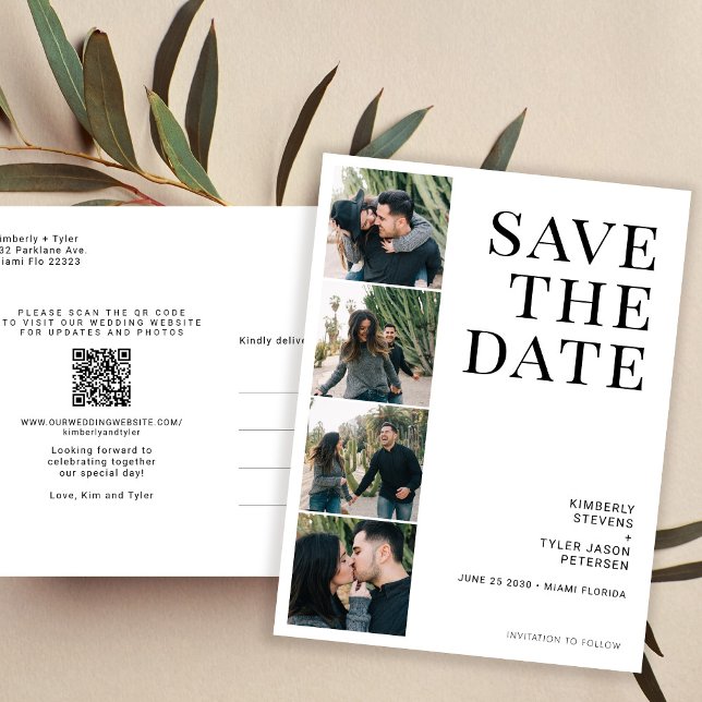 QR CODE 4 photos typography wedding Announcement Postcard (Creator Uploaded)
