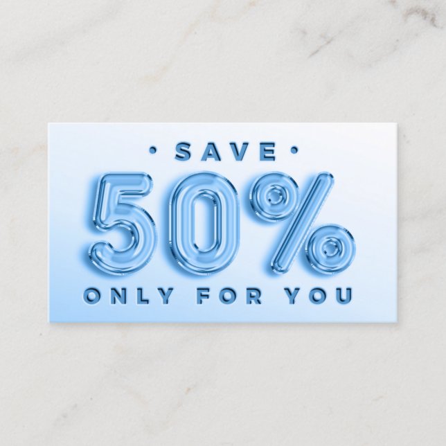 QR CODE 50%OFF DISCOUNT PROMOTIONAL BLUE BUSINESS CARD (Front)