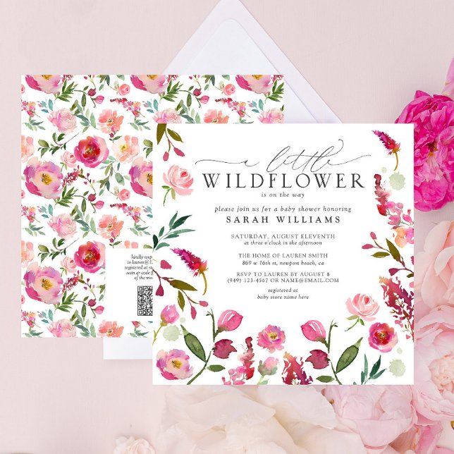 QR Code A Little Wildflower Pink Watercolor Shower Invitation (QR Code Baby Shower Invitation)