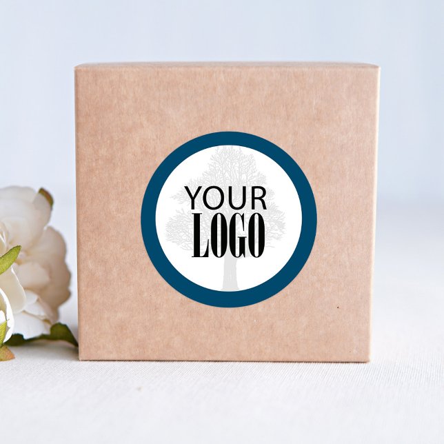 QR Code Add Your Logo Simple Classic Round Sticker (Add your logo blue and white business sticker. )