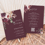 QR Code All In One Autumn Romance Burgundy Wedding Invitation<br><div class="desc">This wedding invitation features a watercolor flower bouquet of dahlia, garden rose, and hydrangea in burgundy red, maroon, blush pink with wedding details, and a QR code website link on the back. For more advanced customisation of this design, please click the BLUE DESIGN TOOL BUTTON. Matching items are also available....</div>