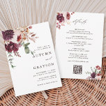 QR Code All In One Autumn Romance Floral Wedding Invitation<br><div class="desc">This wedding invitation features a watercolor flower bouquet of dahlia, garden rose, and hydrangea in burgundy red, maroon, blush pink with wedding details, and a QR code website link on the back. For more advanced customisation of this design, please click the BLUE DESIGN TOOL BUTTON. Matching items are also available....</div>