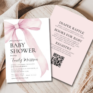QR Code All in One Blush Pink Bow Girl Baby Shower Invitation