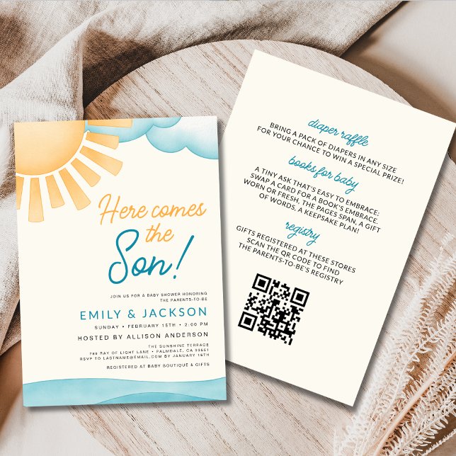 QR Code All in One Here Comes the Son Baby Shower  Invitation (Creator Uploaded)