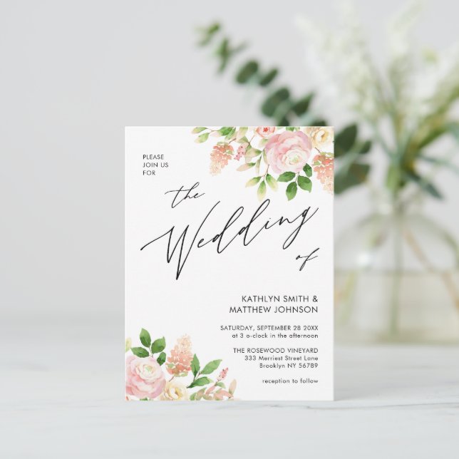 QR Code All In One Pink Rose Greenery Wedding Invitation Postcard (Standing Front)