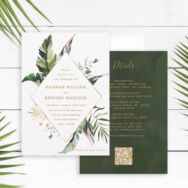 QR Code All In One Tropical Foliage Gold Wedding Invitation (Creator Uploaded)