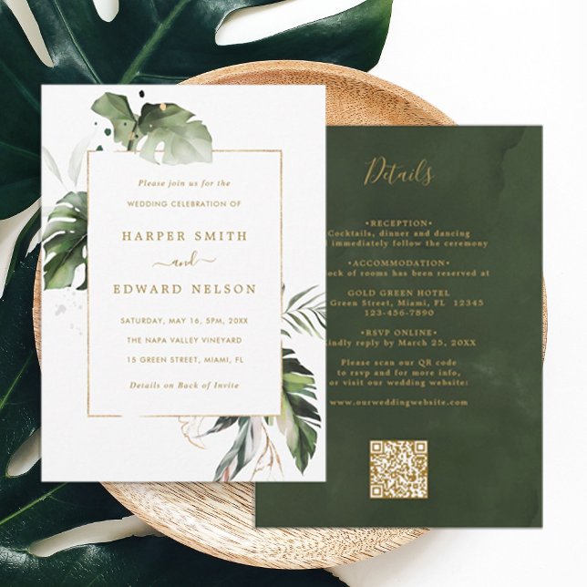 QR Code All In One Tropical Leaves Gold Wedding Invitation (Creator Uploaded)