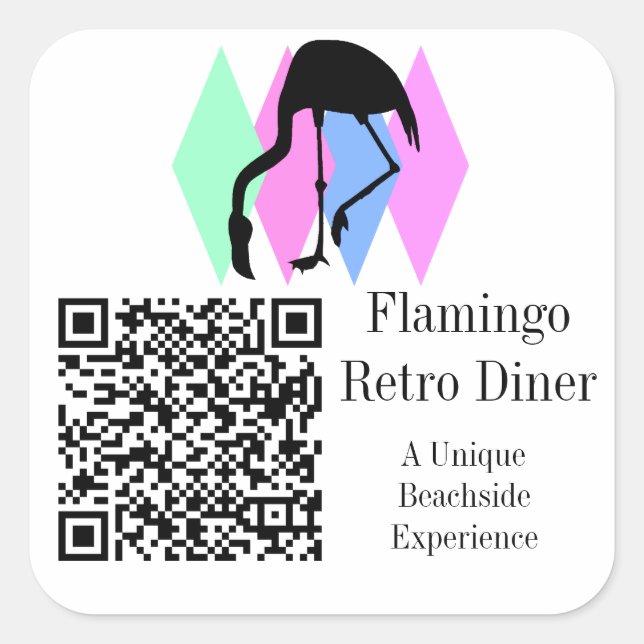 QR Code and Custom Logo Scannable Retro Flamingo Square Sticker (Front)