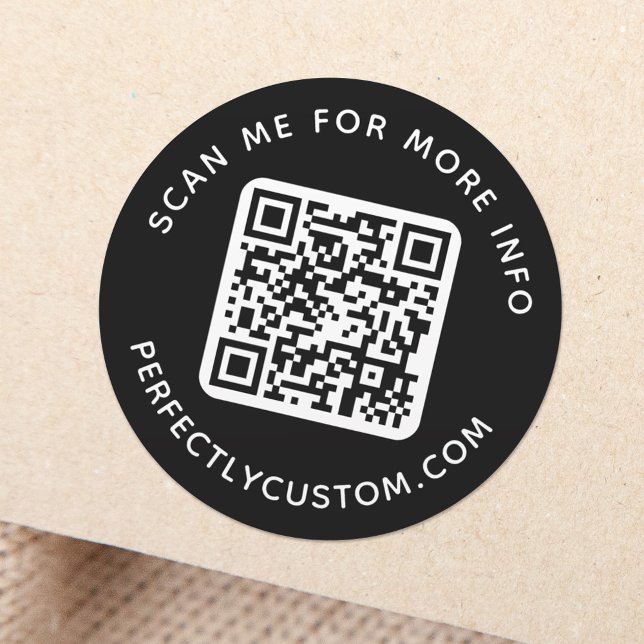QR code and custom text round black Classic Round Sticker (Creator Uploaded)