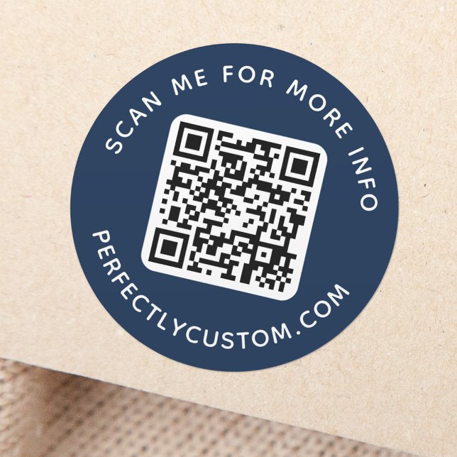 QR code and custom text round dark navy blue Classic Round Sticker (Creator Uploaded)