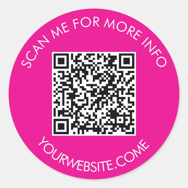 QR code and custom text round white & hot pink  Classic Round Sticker (Front)