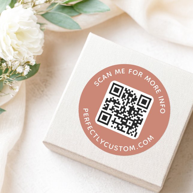 QR code and custom text terracotta brown Classic Round Sticker (QR code and custom text terracotta brown Classic Round Sticker)
