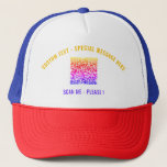 QR Code and Custom Text Trucker Hat Choose Colours<br><div class="desc">Custom Font and Colours Trucker Hat with Your QR Code Scan Info Text Personalised Promotional Business or Personal Modern Hats / Gift - Add Your QR Code - Image or Logo - photo / Text / more - Resize and Move or Remove / Add Elements - Image / Text with...</div>