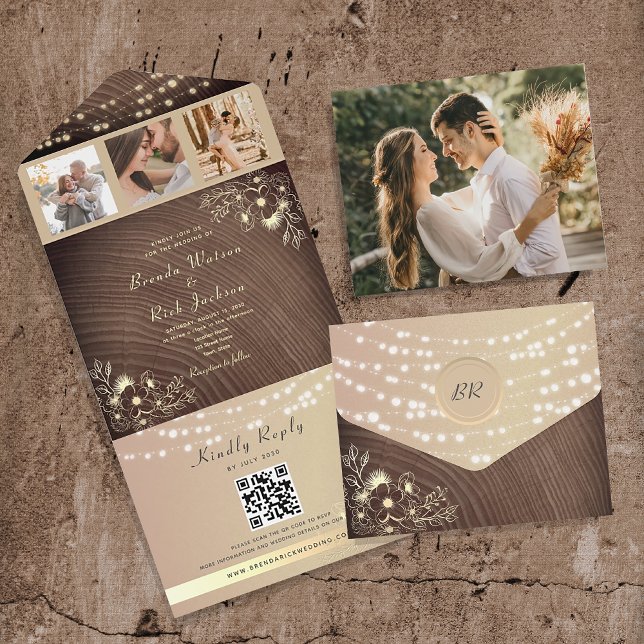 QR Code and Photos Rustic String Lights Wedding  All In One Invitation (Creator Uploaded)