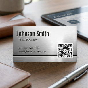 QR Code and Stainless Steel - Brushed Metal Look Magnetic Business Card