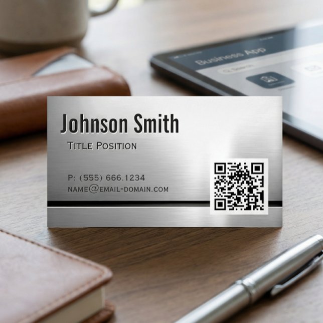 QR Code and Stainless Steel - Brushed Metal Look Magnetic Business Card (Creator Uploaded)