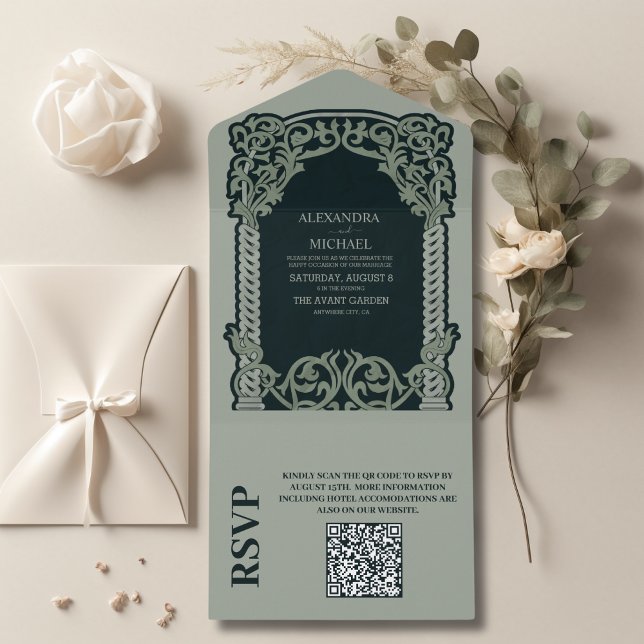 QR Code Antique  Art Nouveau Wedding All In One Invitation (Creator Uploaded)