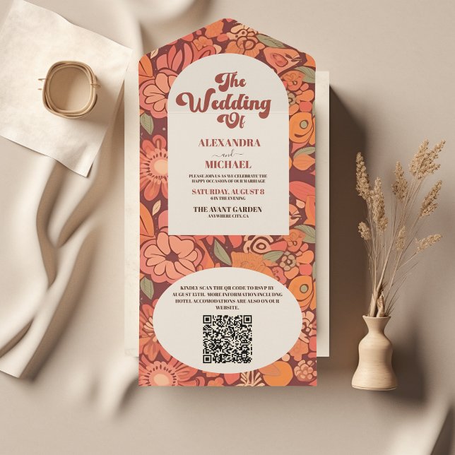 QR Code Arch Groovy Retro 70s Floral Wedding All In One Invitation (Creator Uploaded)
